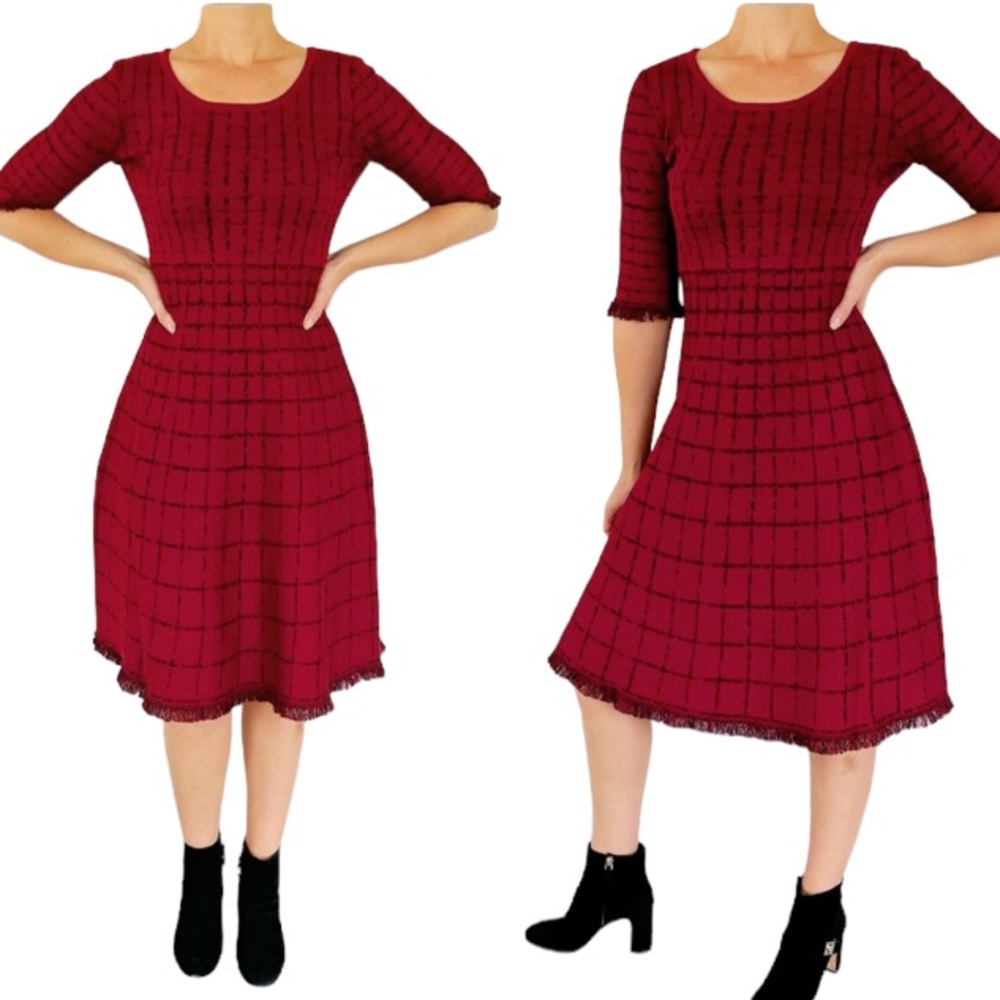 Taylor dark red black plaid fringe trim knit stretch sweater dress size small
